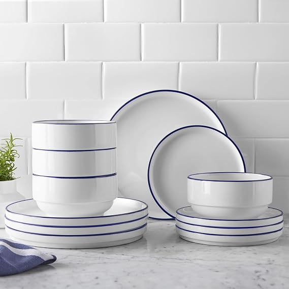 Stoneware Dinnerware Set with Blue Rim, 12-Piece, White