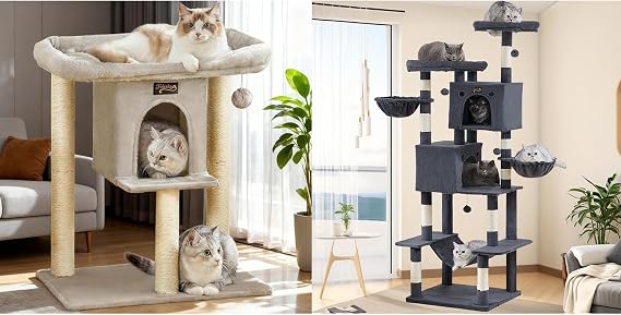 Cat Tree Tower for Indoor Large Cats, Cat Scratching Post with Big Perch Bed, Tall Trees House with Condo Cave, Toy Balls, Modern Climbing Furniture Big Platform for Kitten