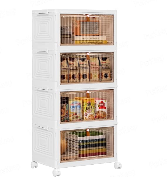 PurKeep Storage Boxes with Lid - 23L*4 Tier Plastic Storage Box with Lid | Stackable Storage Boxes with Wheels,Plastic Storage Drawers with Front Door, Plastic Box for Home and Office, White, 4 Packs
