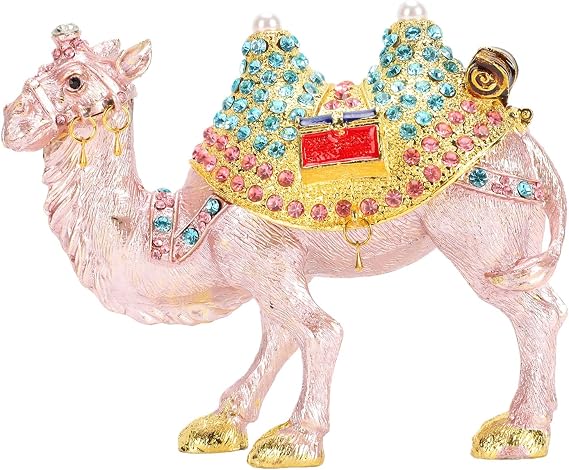 Handcrafted Camel Enamel Jewelry Box, Double Hump Rhinestones & Pearl Inlay Magnetism Closure Alloy Trinket Keepsake Box for Vanity Decor Birthday Anniversary & Valentine (Camel)