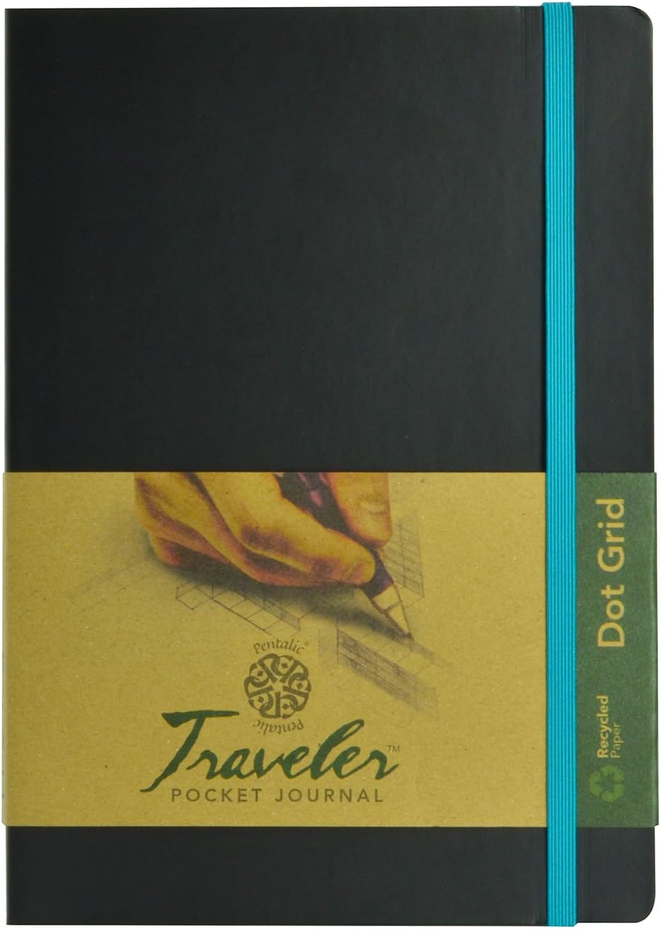Pentalic 6 x 8 Pocket Dot Grid Traveler Journal, 160 Pages, Black