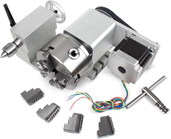 RATTMMOTOR K12-130mm CNC Router Table Rotary Milling Machine Rotational Axis A 4th Axis, 4 Jaw Chuck Dividing Head Reducing Ratio 4:1, Nema34 Stepper Motor+100mm Tailstock