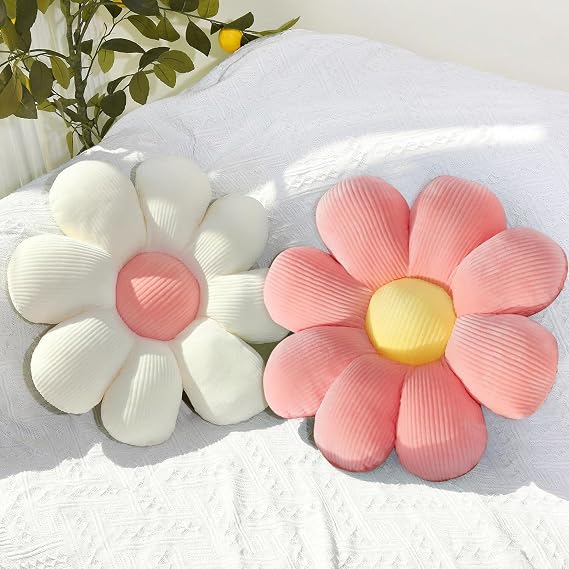 2 Pcs Flower Pillow,Cute Pillows Floor Cushion 48cm Flower Cushion,Floor Pillow Floor Cushions for Kids Girls,Aesthetic Room Sofa Chair Decor (Pink+White, 48CM)