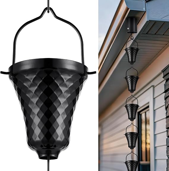 Tfro & Cile Rain Chain Black Gutter Downspout Catcher Outside Water Diverter Decorative Garden Rain Cups Chime Home Decor - 8 1/2 Feet Long