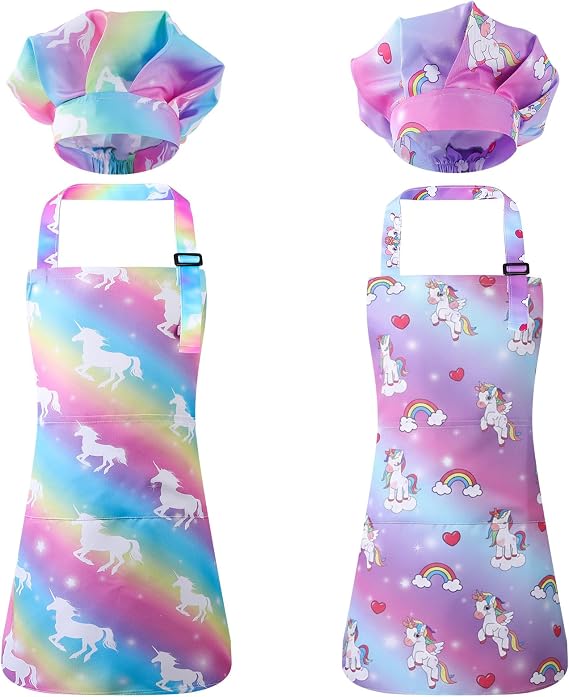 2 Pack Kids Apron and Chef Hat Adjustable Kitchen Cooking Aprons