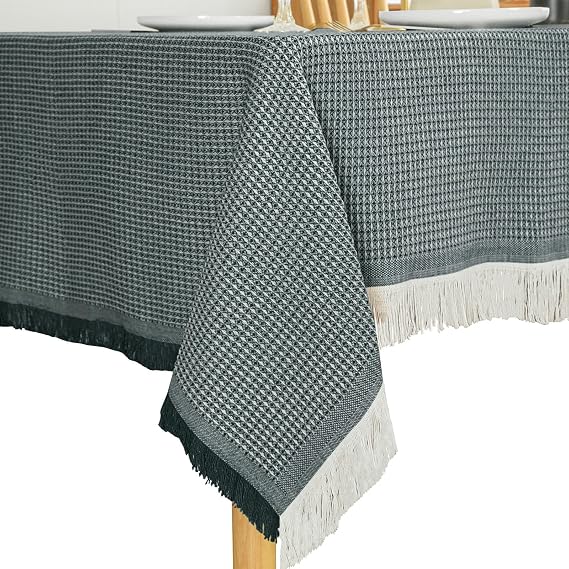 Rectangular Checked Tablecloth, Solid Color with Plaid Border and Tassels, Machine Washable Wrinkle-Resistant Fabric for Dining Table, Kitchen, Party, and Home Decor (118" x 70", Green)