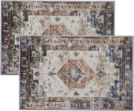 2 Pcs Washable Indoor Doormat Moroccan Boho Non Slip Retro Floor Mat