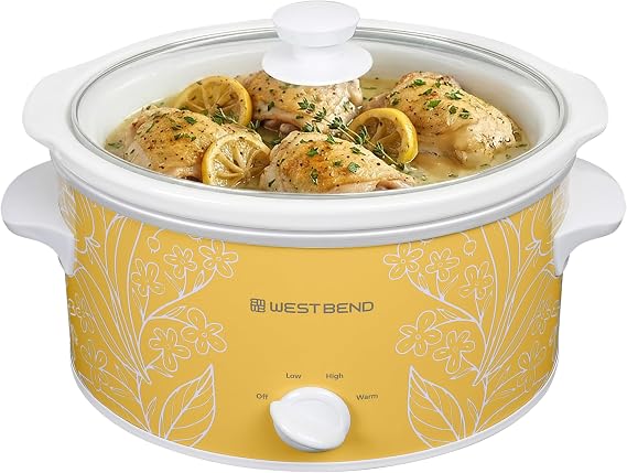 West Bend 4-Quart Manual Slow Cooker with 3 Cooking Settings, Dishwasher-Safe Ceramic and Glass Lid, 210 Watts, Yellow