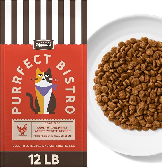 Merrick Purrfect Bistro Grain Free Chicken and Sweet Potato Recipe Natural Dry Cat Food for Adult Cats, High Protein, Outdoor or Indoor Cat Food - 12 lb. Bag
