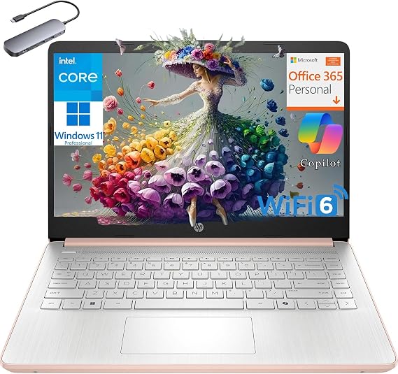 HP Laptop Computer, 8GB RAM, 384GB Storage (128GB UFS + 256GB Hub Docking Set), 1-Year Office365, 14 inch LED, Intel Quard Core Processor, WiFi 6, BT 5.4, Windows 11 Home S for Student, Pink Gold