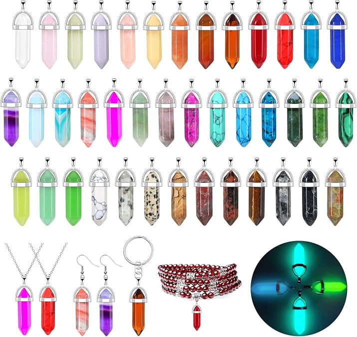 ROADPLUM 40Pcs Healing Crystal Pendants, Glow in the Dark Gemstone Charm, Hexagonal Chakra, Natural Quartz Stone, Necklace Pendants for Jewelry Making