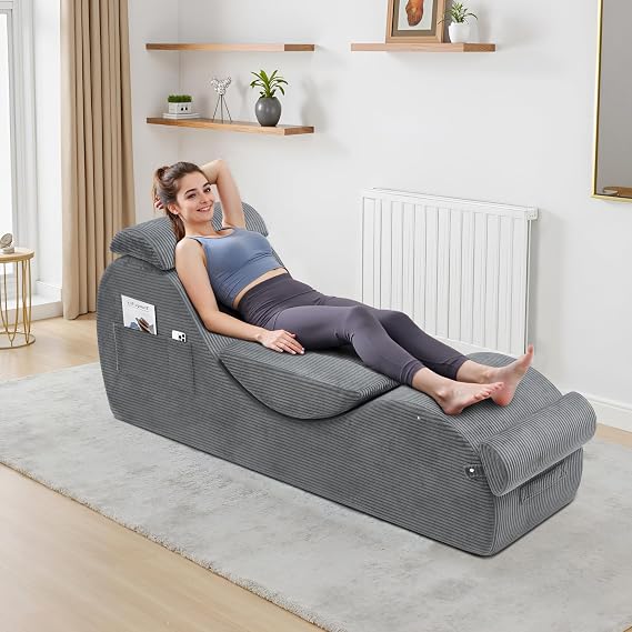 Yoga Chairs for Adults, Ergonomic Chaise Lounge Chair Indoor with Side Pocket, Lumbar Pillow, Ottoman, Yoga Chair Perfect for Stretching, Relaxation, Exercise, Used in Bedroom, Living Room(Dark Gray)