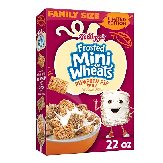 Kellogg's Frosted Mini Wheats Breakfast Cereal, Fiber Cereal, Kids Snacks, Family Size, Pumpkin Pie Spice, 22oz Box (1 Box)