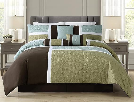 Chezmoi Collection 7 Parça Kapitone Yama İşi Yorgan Seti, Kahve Kahverengi/Deniz Mavisi/Adaçayı Yeşili, Queen