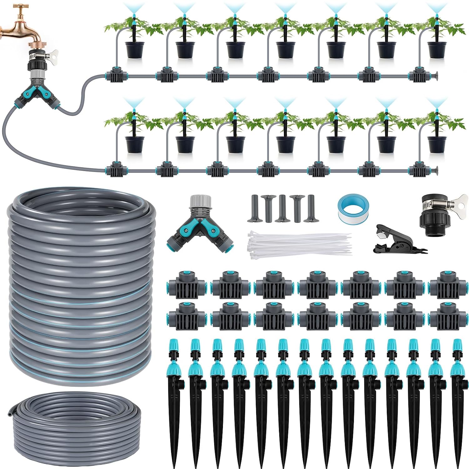 TLGREEN Drip Irrigation System Kit, Automatic Garden Watering System with 20M+10M (98.43FT) PE Irrigation Pipes, Y-type Water Distributor, Adjustable Nozzles & Easy Installation for Greenhouse/Plant