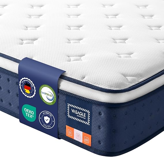 VASAGLE Double Mattress 135 x 190 x 25 cm, Hybrid Pocket Spring and Gel Memory Foam Double Bed Mattress, Medium Firm, 7-Zone Support, Edge Support, Motion Isolation, Breathable Cover, Blue RMZ226QZ03