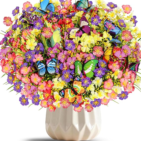 12 Bundles Artificial Flowers Outdoor, Silk Faux Flowers UV Resistant Fake Flowers No Fade With 8 Pcs Butterflies for Hanging Planter Home Wedding Porch Window Indoor Decor(6 Colors)