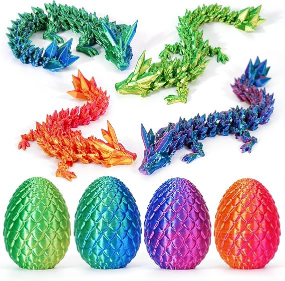 4PCS 3D Printed Dragon Eggs with Dragon Inside, Easter Dragon Eggs, Articulated Crystal Dragon, Mystery Dragon Egg Fidget Toy, 3D Printed Animals Set, Easter Gifts for Kids (NEW-1)