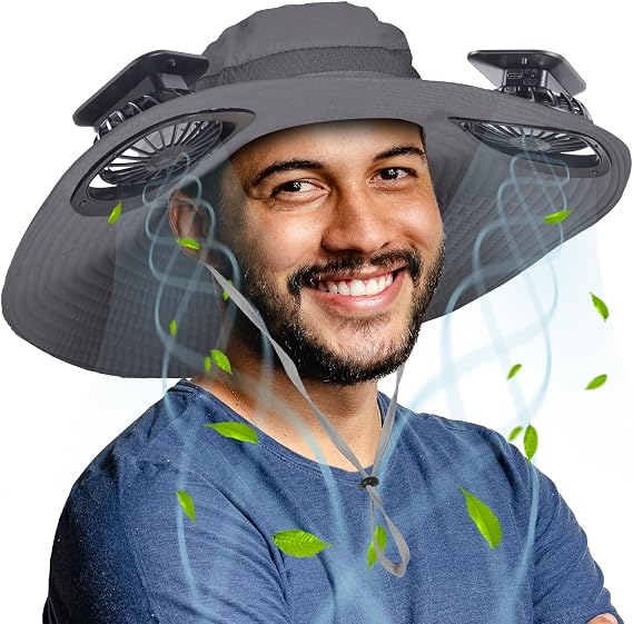 Wide Brim Outdoor Solar Fan Hat, UPF 50+ Fishing Hat for Man with 2 Solar Fan, 3 Modes 180Rotating Fan Hats