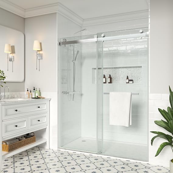 Shower Door, 56-61 "W x 72 "H, SGCC Certified 3/8" (10 mm) Clear Tempered Glass, 1 Towel Bar Handle, 1 Finger Pull, Frameless Double Sliding Shower Door,Stainless Steel Brushed Nickel Finish
