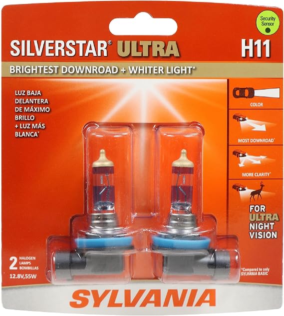 SYLVANIA - H11 SilverStar Ultra - High Performance Halogen Headlight Bulb, High Beam, Low Beam and Fog Replacement Bulb, Brightest Down Road with Whiter Light, Tri-Band Technology (Contains 2 Bulbs)
