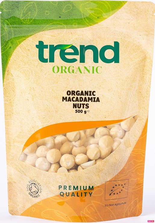 Trend Organic Macadamia Nuts 500g - Wholesome Snacking for Adults and Kids, Baking, and Nutrient-Rich Recipes - High Fibre, High Protein - Certified Organic, Vegan, Non-GMO, No Preservatives, Raw