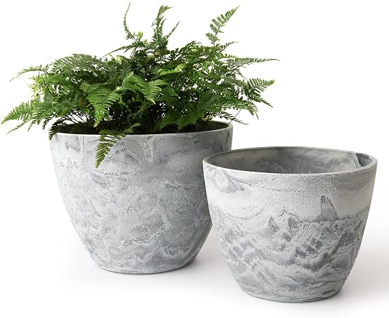 LA JOLIE MUSE Planter Pots, Indoor Outdoor Flower Pot, 8.6+7.5 Inch 2 Pack | Decorative Planter Pot with Drainage Holes for Outdoor Indoor Plants, Porch, Patio, Garden, Balcony, Home Decor, Marble Grey