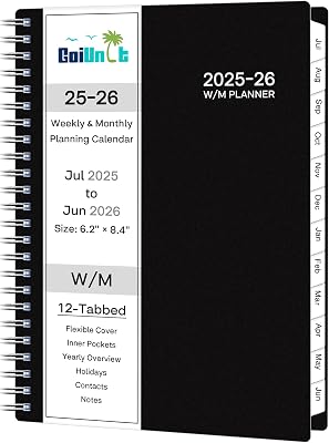 Academic Planner 2025-2026, Weekly ＆ Monthly Planner 2025-2026, Jul 2025 – Jun 2026, 6.2 x 8.42, Flexible Cover, 12 Monthly Tabs, Thick Paper, Spiral Wirebound, Inner Pocket, Black