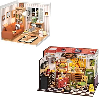 ROBOTIME Miniature House Kit DIY Mini Dollhouse Garage Workshop  Cozy Living Lounge