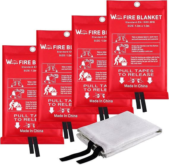 wucgea Emergency Fire Blanket for Kitchen - 4 Pack Fire Blanket DIN EN 1869:1997 Safety Fibreglass Fire Protection Blanket for Grease Fires Car School Fireplace Grill Office Garage Welding Warehouse 1.0 m x 1.0 m