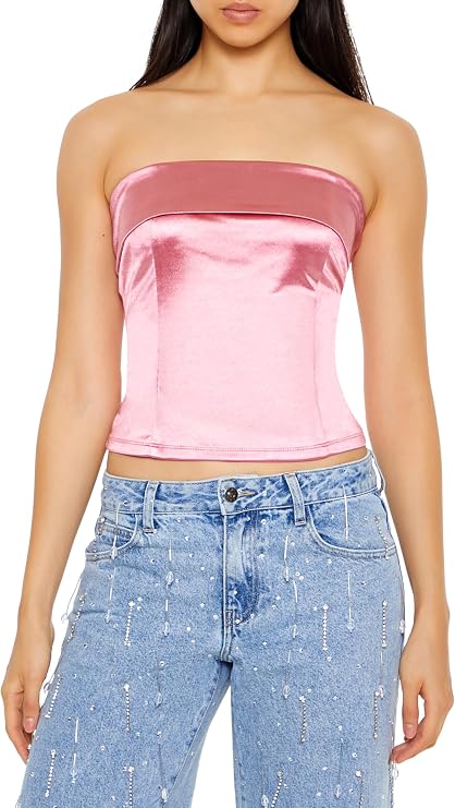 Forever 21 Women's Satin Foldover Tube Crop Top