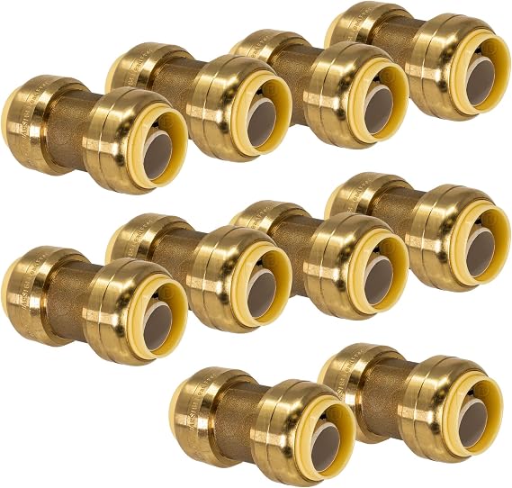 [10-Pack] PROCURU 1/2-Inch PushFit Coupling, Push-to-Connect Brass Plumbing Fitting for Copper, PEX, CPVC, PE-RT Pipe, LF Certified Safe (8X1012-10P)