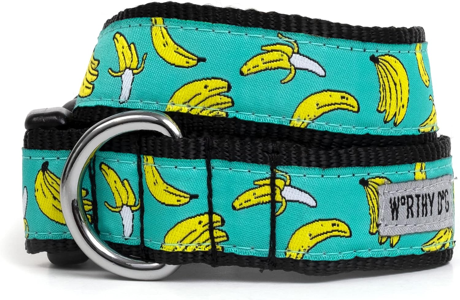 The Worthy Dog Go Bananas Dog Collar, Nylon Adjustable Pet Collar, Strong Quick Release Buckle, Teal - XS