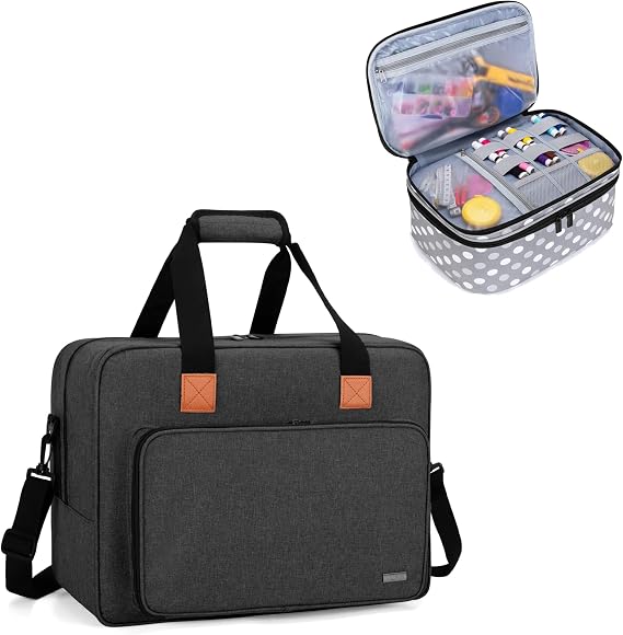 Luxja Sewing Machine Bag with Double Layer Sewing Accessories Organizer Bundle, Black and Polka Dots
