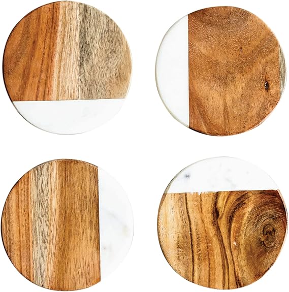 Creative Co-Op Marble & Mango Wood Round Coasters (Set of 4 Pieces)