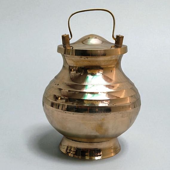 Brass Gangajali Pot Urn with Lid & Handle Holy Water Kalash for Puja, Rituals, and Temple Use Antique Finish Gangotri Ganga Jal Kalash for Hindu Worship, Festival & Spiritual Ceremonies