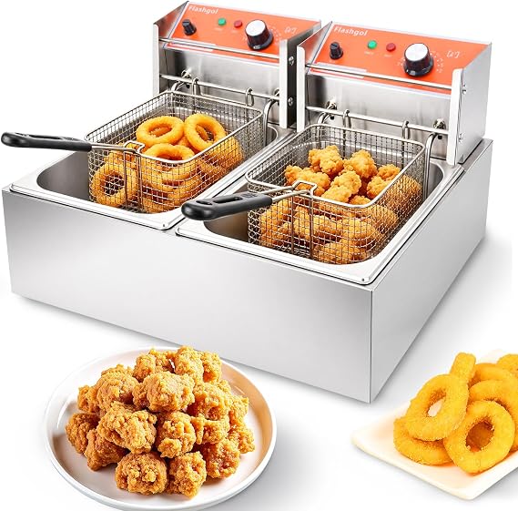 Electric Deep Fryer with Basket and Lid,Dual Tank 3400w Commercial Countertop 2 x 12.6Qt/12L Double Stainless Steel Large Deep Fryer with Temp Control,for Kitchen Restaurant Home Use