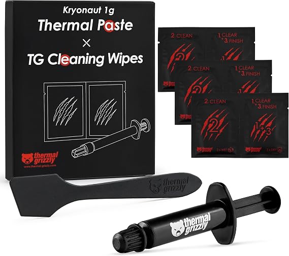 Thermal Grizzly Kryonaut - 1 Gram - Extremely High Performance Thermal Paste + 12 Cleaning Wipes 6 Wet & 6 Dry - for Demanding Applications and Overclocking CPU/GPU/PS4/PS5/Xbox