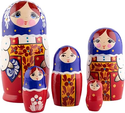 Heka Naturals Red Sarafan Nesting Dolls | All Natural Wooden Matryoshka Doll Set of 5 7 Inch - Traditional Babushka Home Decor, Wooden Stacking Dolls, Vintage Handmade Shape