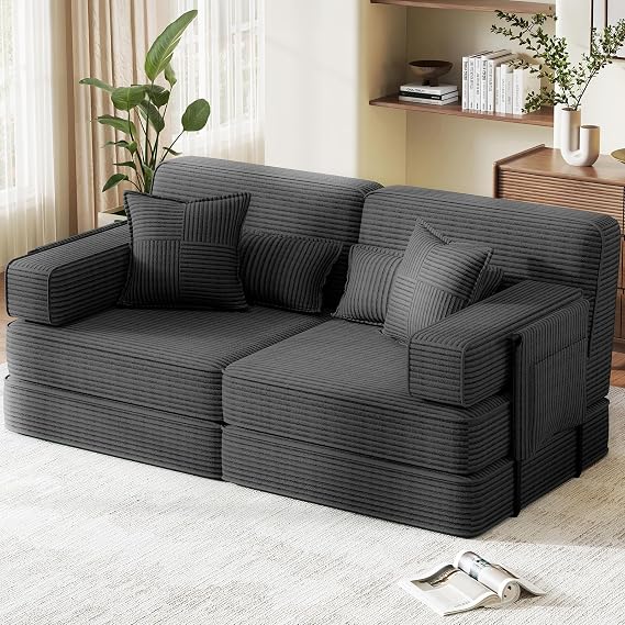 Boneless Sofa, 190cm 5-in-1 Convertible Corduroy Modular 2-3 Seater Sofa Bed with Storage & 4 Pillows, Floor Futon Couch for Living Room Bedroom, Grey