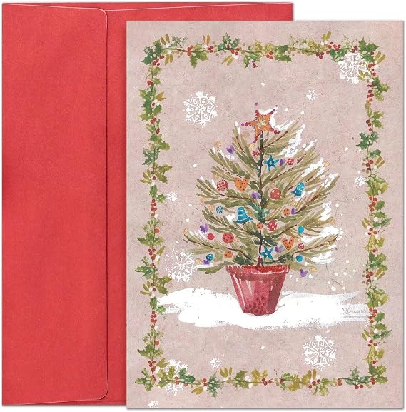 Masterpiece Studios Hollyville Collection 16-Count Boxed Christmas Cards with Envelopes, 7.8" x 5.6", Whimsical Christmas Tree (966700)