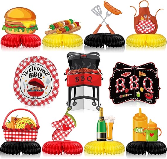 Cholemy 11 Pcs BBQ Party Decorations Baby Q Shower Honeycomb Centerpieces | Summer Picnic BBQ Grill Burger Hot Dog Paper Tabletop Decor Backyard Barbecue Birthday Carnival Party Supplies Favors