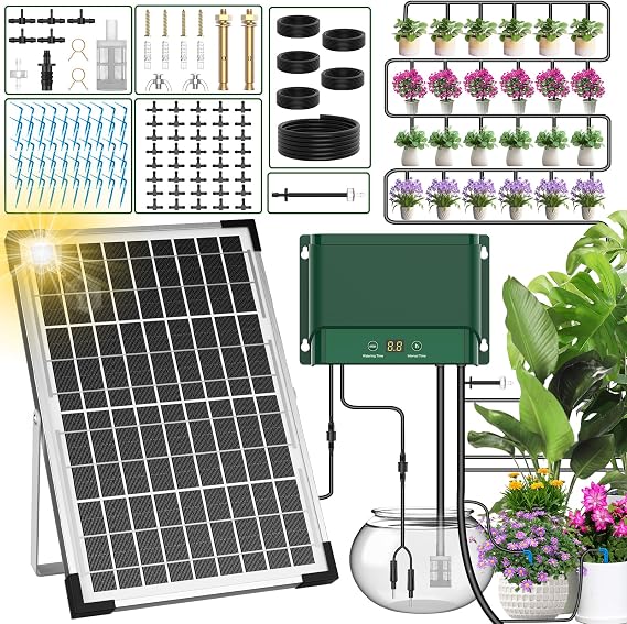 10W Solar Automatic Plants Watering System for Summer Garden Drip | Programmable Intelligent Pump Controller Kit with Hose for Patio,Hydration Devices Support Green House Lawn Bed Bucket Barrel