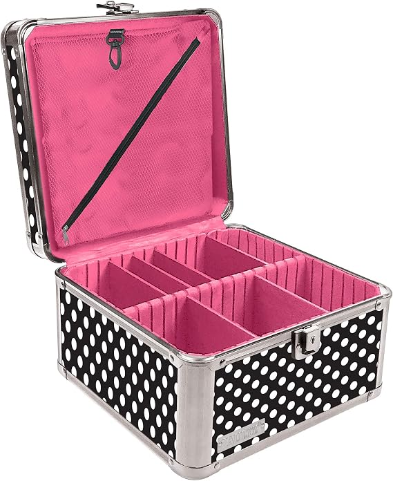 Vaultz Portable Safe Box - 10 x 10 x 6.5 Inch Large Storage Box with Lock, Mesh Pocket & Adjustable Compartments for Cash, Documents and Valuables - Black & White Polka Dot
