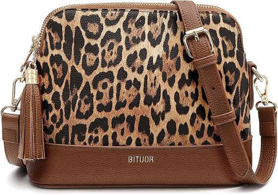 BITUOR Women's Cross Body Bags Leopard print bag for Women Leather Shoulder Handbag With 2 Zip Compartments Fashion Tassel Decoration with Adjustable Strap
