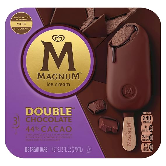 Magnum Ice Cream Bars 3 Count Double Chocolate For an Indulgent Frozen Dessert Made with Premium Dark Chocolate, 44% Cacao 9.12 Oz