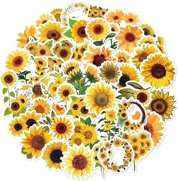 50 PCS Aesthetic Waterproof Bright Sunflower Vinyl Stickers Pack | Botanical Floral Decals for Laptops, Scrapbooking, Journals, Notebooks, Water Bottles, Suitcases, Phones & DIY Decor