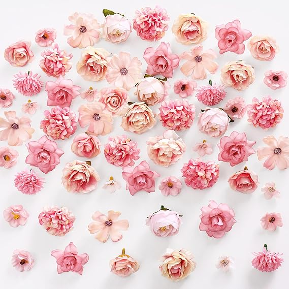 100 PCS Fake Flowers Artificial Flower Heads, Pink Flowers Cake Decorations