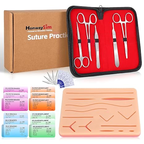 Suture Practice Kit: Complete Suture Kit with Needles, 20 Threads, 14 Pre-Cut Wounds on Silicone Pad, 32 Pieces Total for Medical Students' Repeated Suture Training