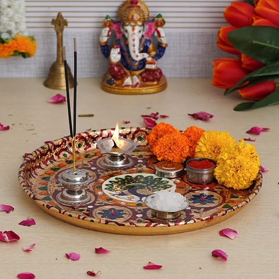 Webelkart Premium Meenakari Pooja thali Set with Pooja Incense Holder, Diya and Roli Kumkum Katori and Dabbi (Steel. 11 Inches)